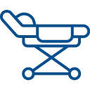 Blue outline shopping cart elevated on a hydraulic lift, forming a cart-on-lift icon used for online shopping themes.